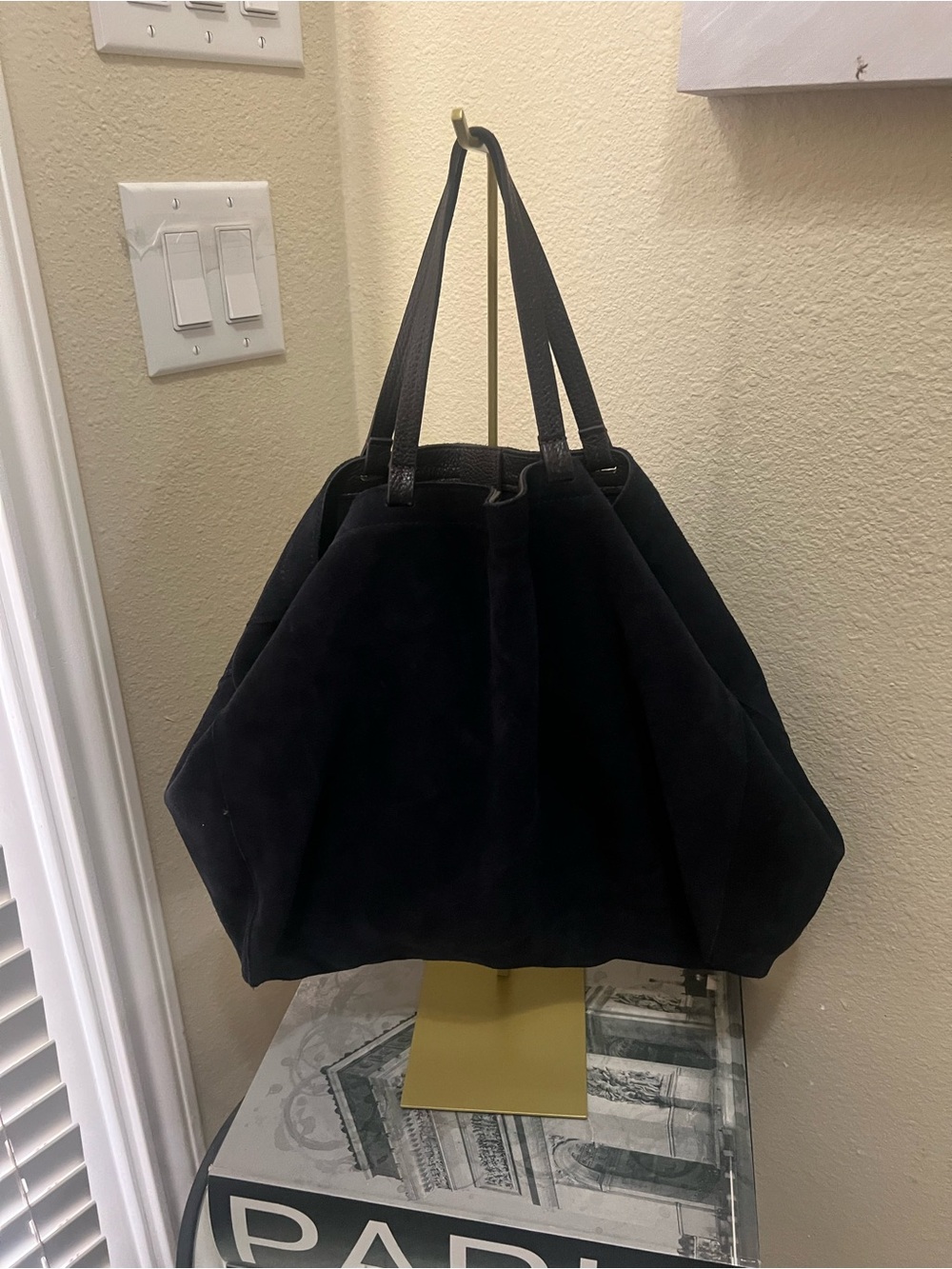 Navy Blue Suede Mark & Graham bag with unbranded crossbody strap